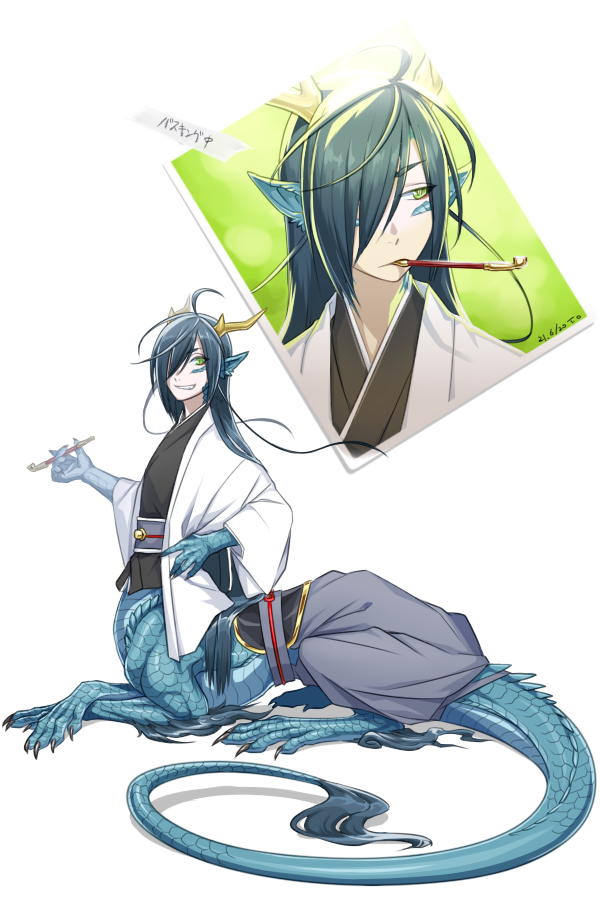 1boy, 2021, antlers, artist_name, blue_hair, blue_scales, claws, dated