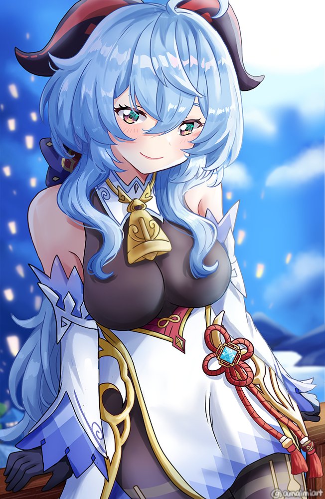 1girl, ahoge, amai-tapioca, artist_name, bangs, bare_shoulders, bell, blue_hair