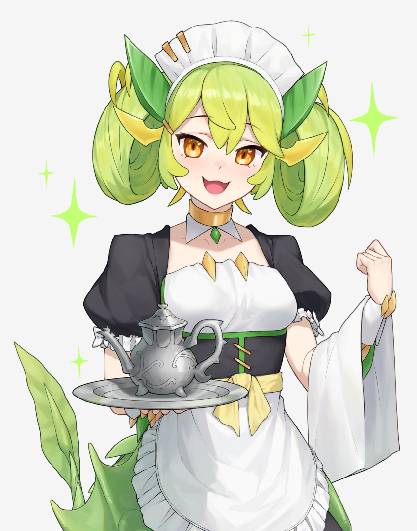 1girl, allen.n, apron, choker, dragon_girl, dragon_horns, duel_monster, green_eyes