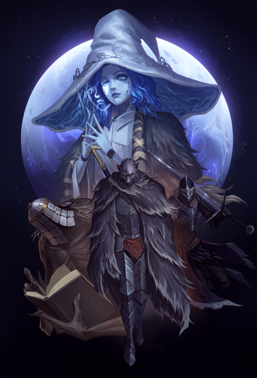 1girl, absurdres, animal_head, armor, blaidd_the_half-wolf, blue_eyes, blue_hair, blue_skin