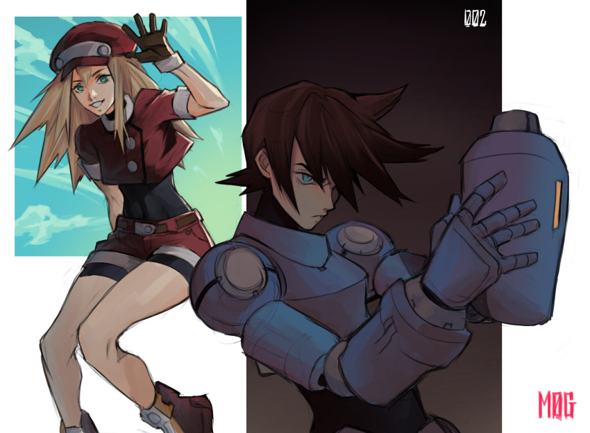 1boy, 1girl, absurdres, arm_cannon, arm_support, arm_up, belt, blonde_hair