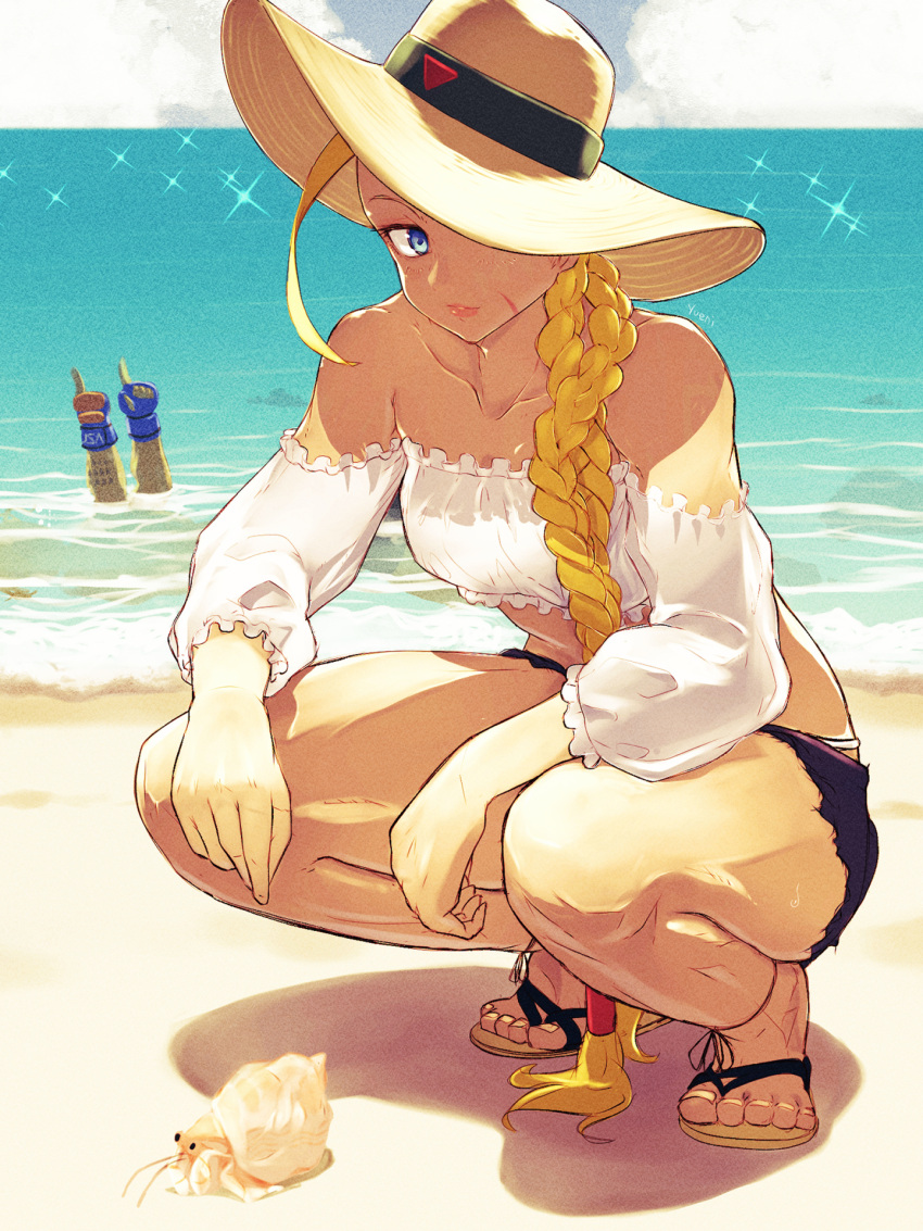 1boy, 1girl, bare_shoulders, beach, blonde_hair, blue_eyes, boxing_gloves, braid