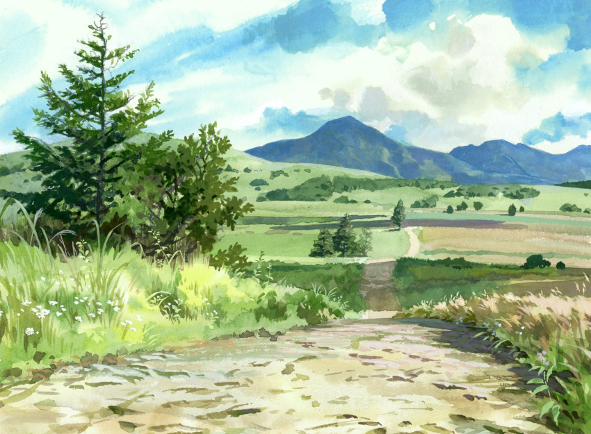 bush, clouds, cloudy_sky, commentary_request, damachitanu, field, highres, horizon, landscape, mountain, mountainous_horizon, nature, no_humans, original, outdoors, road, scenery, sky, tree