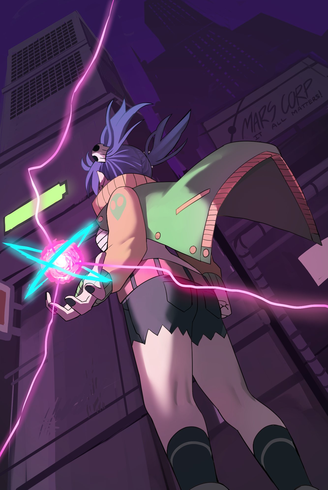 1girl, alien_print, battery_indicator, blue_hair, blue_nails, building, clenched_hand, electricity, energy_ball, english_text, fingernails, from_below, glowing, green_jacket, hair_ornament, highres, jacket, ji-yoon_(jourd4n), jourd4n, open_clothes, open_hand, open_jacket, orb, original, outdoors, purple_sky, short_hair, sign, silhouette, skull, skull_hair_ornament, solo, standing, twintails