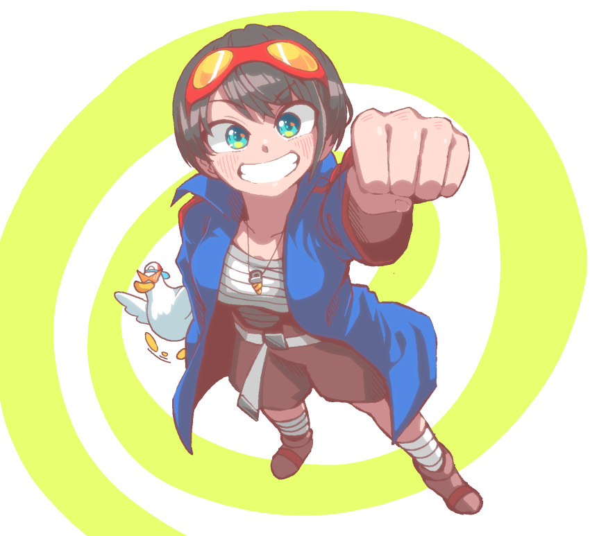 1girl, bandages, baseball_cap, bird, black_hair, blue_coat, clenched_hand, coat