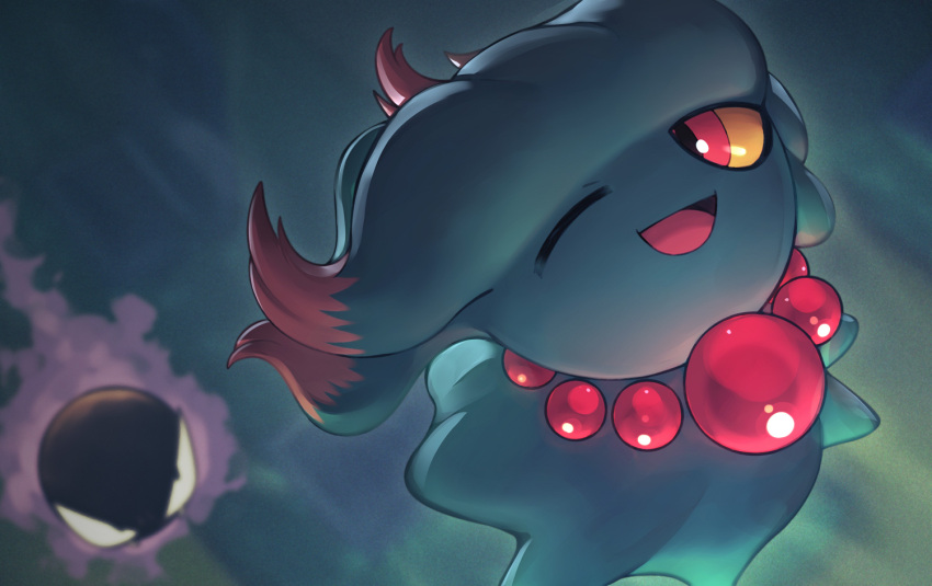 :d, beads, blurry, colored_sclera, commentary_request, gastly, looking_back, misdreavus, naoki_eguchi, no_humans, open_mouth, pink_eyes, pokemon, pokemon_(creature), smile, tongue, yellow_sclera