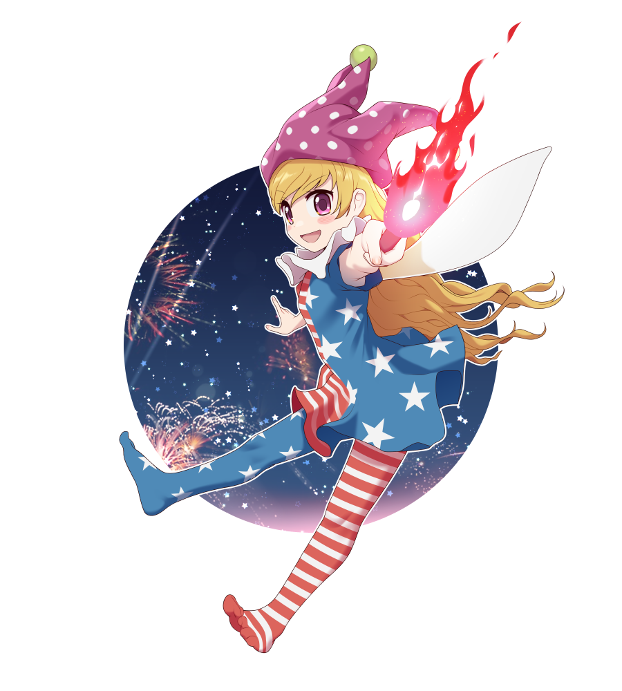 1girl, :d, american_flag_dress, american_flag_legwear, bangs, blonde_hair, clownpiece, commentary_request