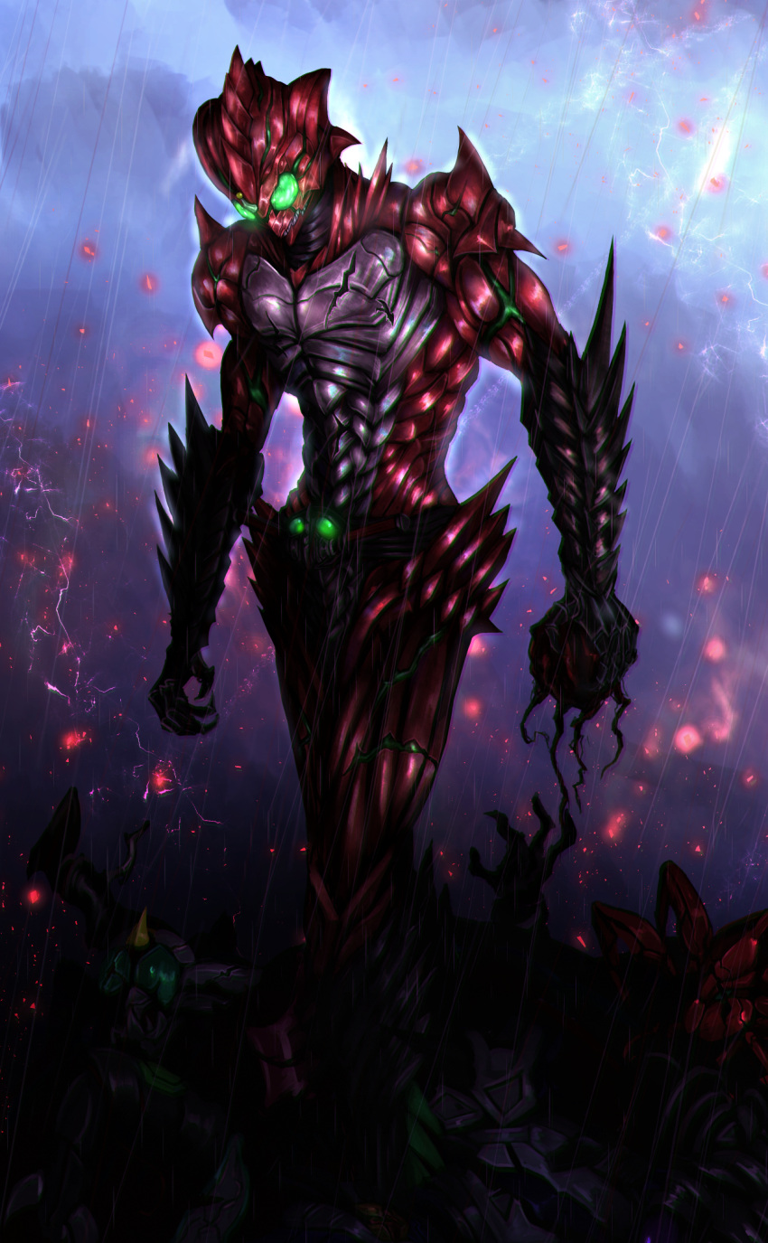 1boy, arm_blade, armor, belt, claws, colored_skin, compound_eyes, fins, gloves, green_eyes, helmet, highres, horns, kamen_rider, kamen_rider_amazon_alpha, kamen_rider_amazons, male_focus, monster, open_mouth, red_skin, rider_belt, scar, single_horn, standing, tokusatsu, trance_enhance, weapon