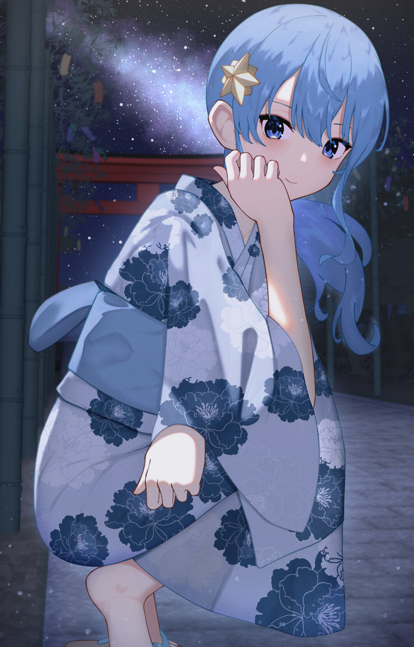1girl, alternate_costume, arched_soles, architecture, bamboo, bangs, blue_eyes, blue_hair