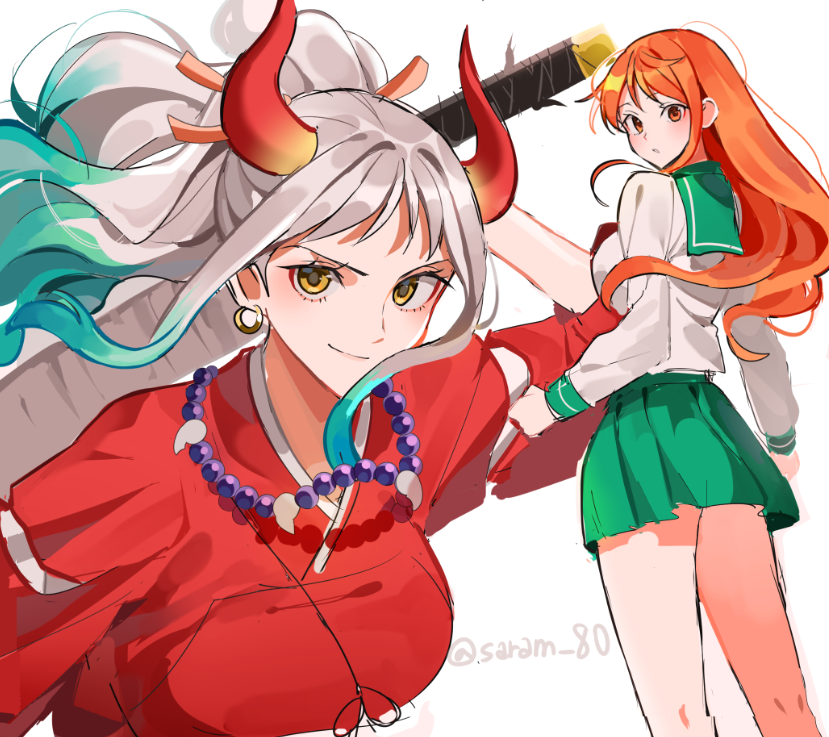 2girls, artist_name, commentary, cosplay, curled_horns, earrings, gradient_hair, green_hair