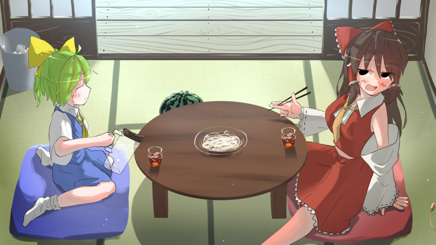 2girls, bangs, blush, bow, breasts, brown_hair, chopsticks, closed_eyes
