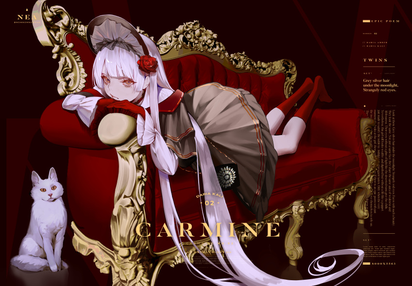 1girl, absurdres, artist_name, bangs, blunt_bangs, bonnet, brown_dress, brown_eyes, cat, couch, dress, english_commentary, english_text, flower, full_body, gloves, hair_flower, hair_ornament, highres, kneehighs, long_hair, long_sleeves, looking_at_viewer, lying, mole, mole_under_eye, nea_(nongta2002), on_couch, on_stomach, original, purple_hair, red_background, red_flower, red_gloves, red_kneehighs, red_rose, rose, solo, twitter_username, very_long_hair