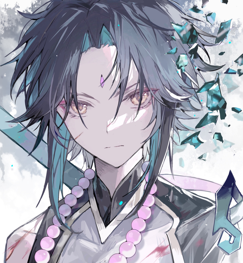 1boy, absurdres, bangs, bead_necklace, beads, black_hair, blood, blood_on_clothes