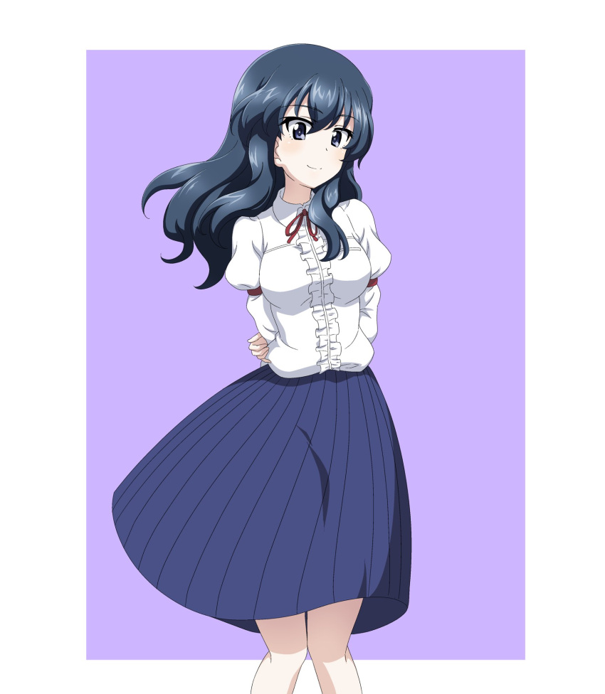 1girl, alternate_costume, arms_behind_back, blue_eyes, blue_hair, blue_skirt, blush, breasts