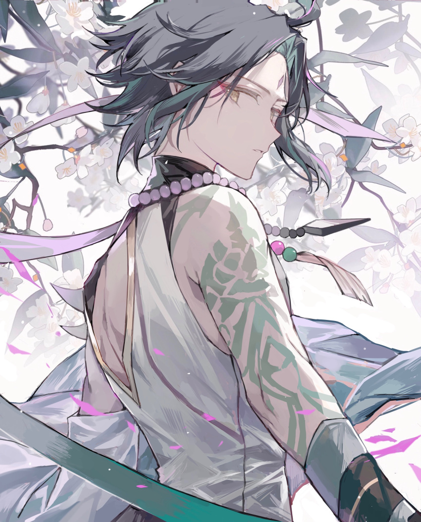 1boy, absurdres, arm_tattoo, back_cutout, bead_necklace, beads, black_gloves, black_hair