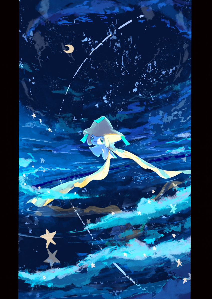 closed_mouth, commentary_request, crescent_moon, full_body, green_eyes, highres, jirachi, looking_at_viewer