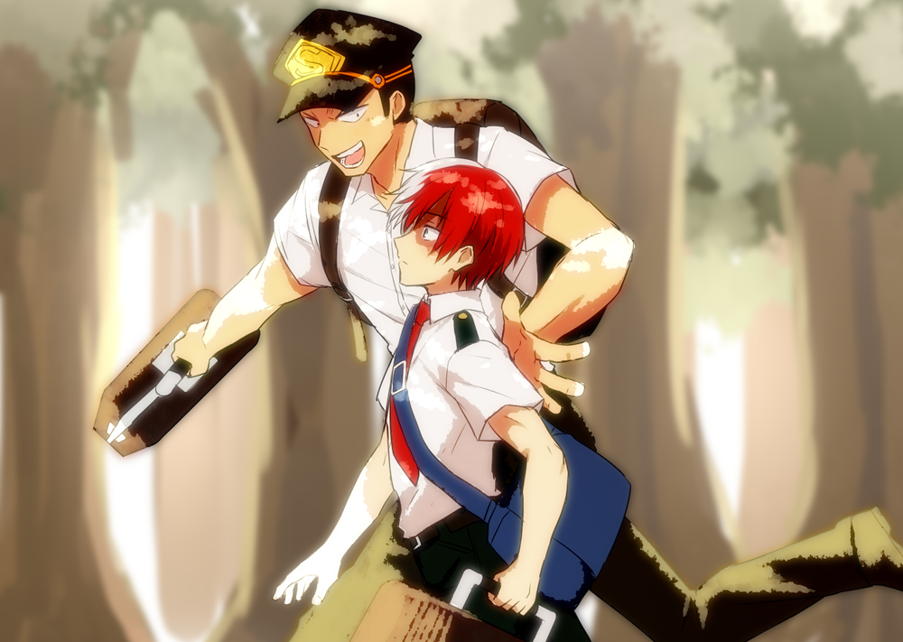 2boys, bag, bangs, black_hair, black_pants, boku_no_hero_academia, burn_scar, hat, height_difference, kepi, looking_at_another, male_focus, military_hat, multicolored_hair, multiple_boys, necktie, open_mouth, pants, patting_back, red_necktie, redhead, scar, scar_on_face, school_bag, school_uniform, shirt, short_hair, short_sleeves, smile, split-color_hair, summer_uniform, todoroki_shouto, two-tone_hair, u.a._school_uniform, very_short_hair, walking, white_hair, white_shirt, yoarashi_inasa, yuu_(pixiv3042074)