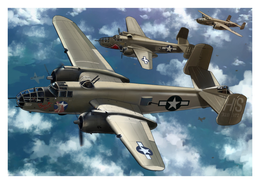 aircraft, airplane, b-25_mitchell, blue_sky, bomber, bomber_jacket, clouds, cloudy_sky