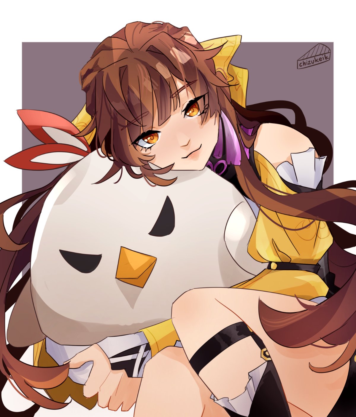 1girl, artist_name, bangs, black_footwear, boots, border, bow, brown_background