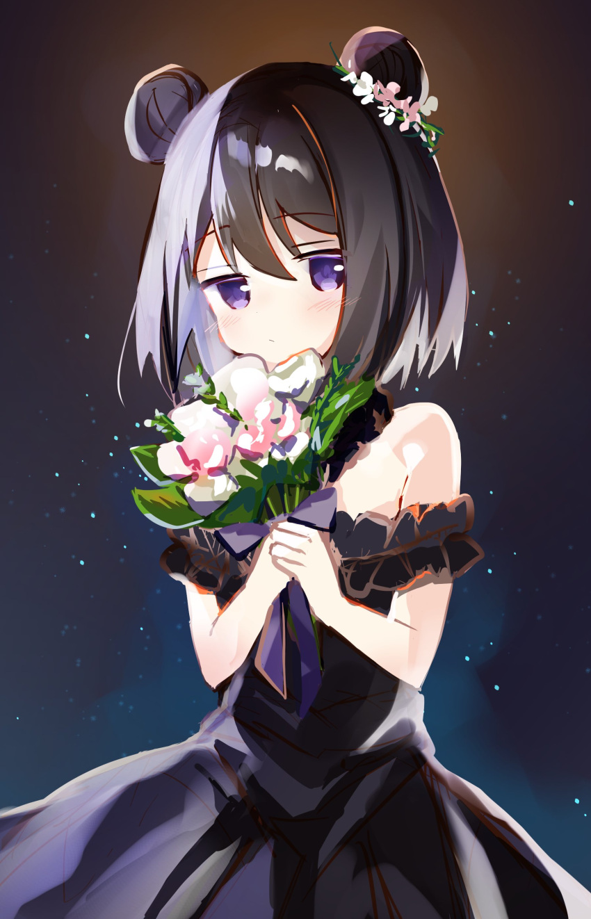 1girl, absurdres, alternate_costume, bangs, bare_shoulders, black_background, black_dress, black_hair