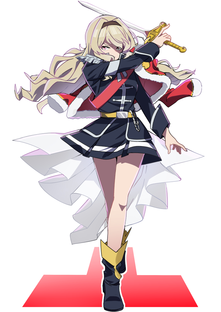 1girl, arm_at_side, arm_up, bangs, belt_buckle, black_footwear, black_hairband, black_jacket