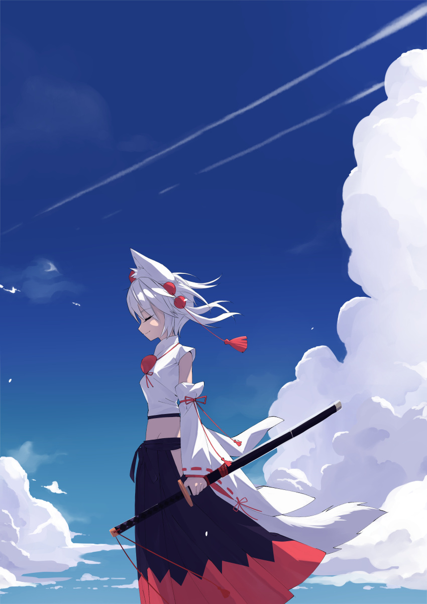 1girl, absurdres, animal_ears, black_skirt, blue_sky, closed_eyes, closed_mouth, clouds