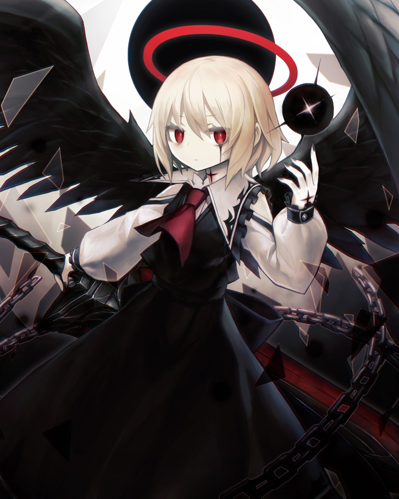1girl, ascot, bangs, black_dress, black_nails, black_tears, black_wings, blonde_hair