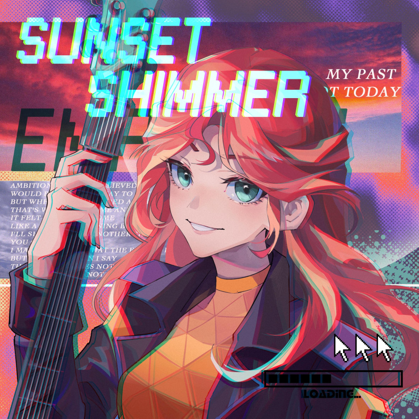 1girl, alice_xjy, character_name, chromatic_aberration, clouds, english_text, hair_between_eyes, highres, holding, holding_instrument, instrument, jacket, long_hair, looking_at_viewer, multicolored_hair, my_little_pony, my_little_pony_equestria_girls, redhead, sidelocks, sky, smile, solo, sunset, sunset_shimmer, teeth