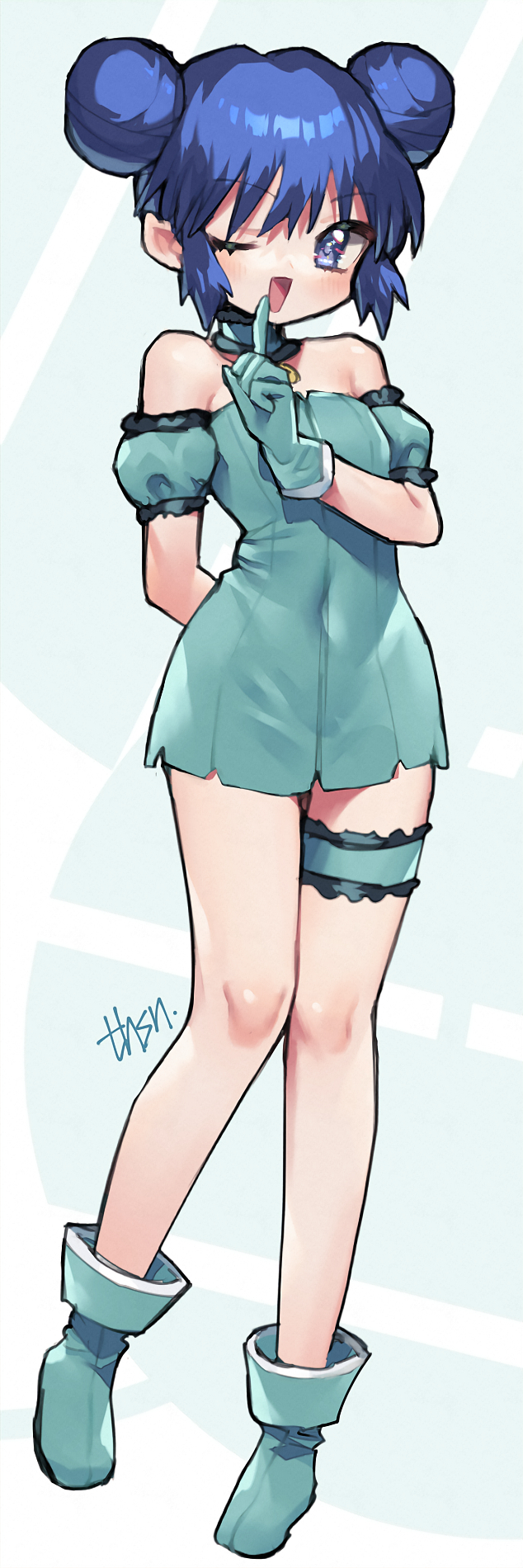 1girl, aizawa_mint, arm_behind_back, blue_dress, blue_eyes, blue_footwear, blue_gloves, blue_hair, boots, double_bun, dress, gloves, hair_bun, highres, looking_at_viewer, magical_girl, mew_mint, murata_tefu, off-shoulder_dress, off_shoulder, one_eye_closed, puffy_sleeves, short_hair, simple_background, solo, tokyo_mew_mew, white_background