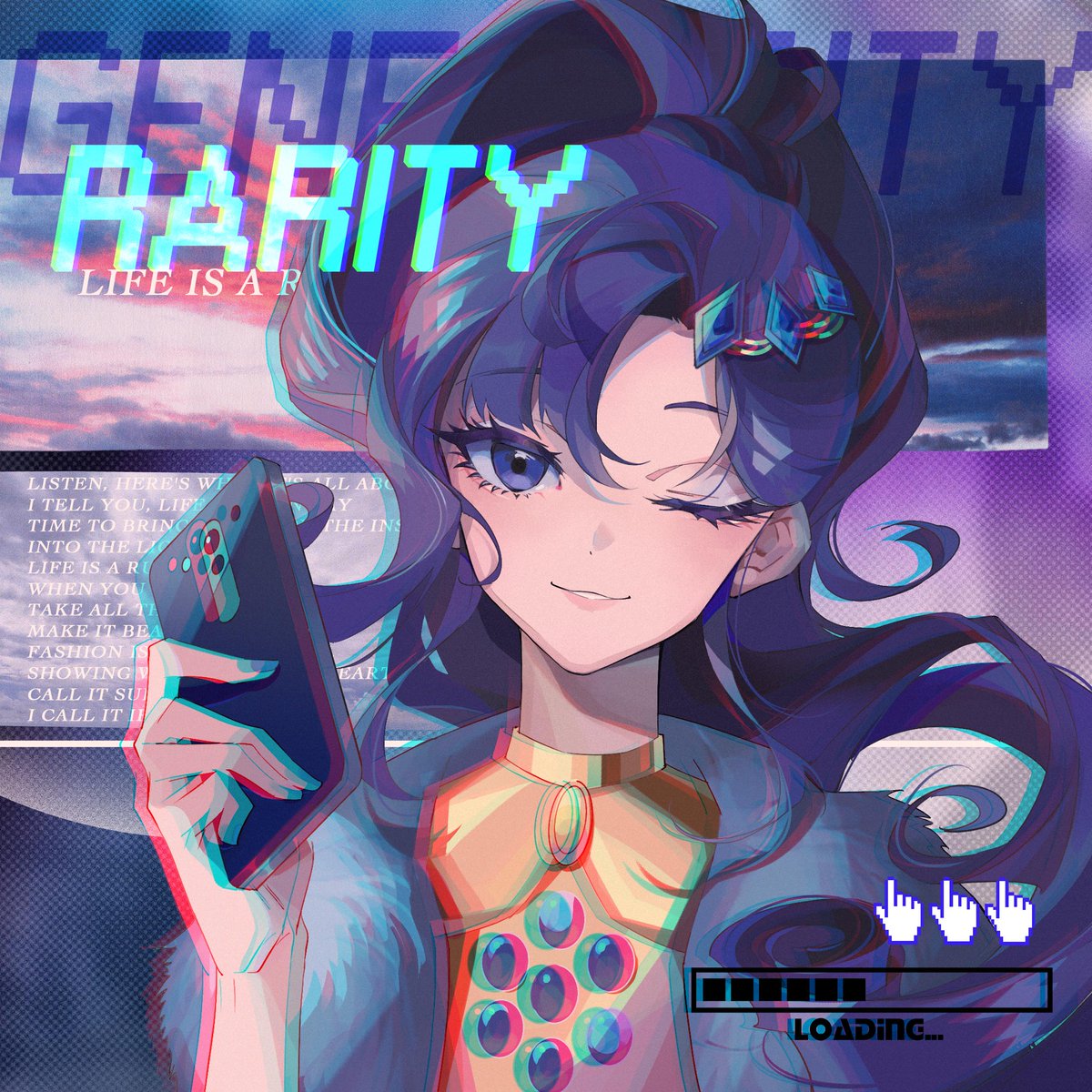 1girl, alice_xjy, cellphone, character_name, chromatic_aberration, clouds, english_text, eyebrows_behind_hair, eyelashes, fingernails, hair_between_eyes, hair_ornament, highres, holding, holding_phone, long_hair, looking_at_viewer, my_little_pony, my_little_pony_equestria_girls, one_eye_closed, phone, purple_hair, rarity, sky, smartphone, smile, solo