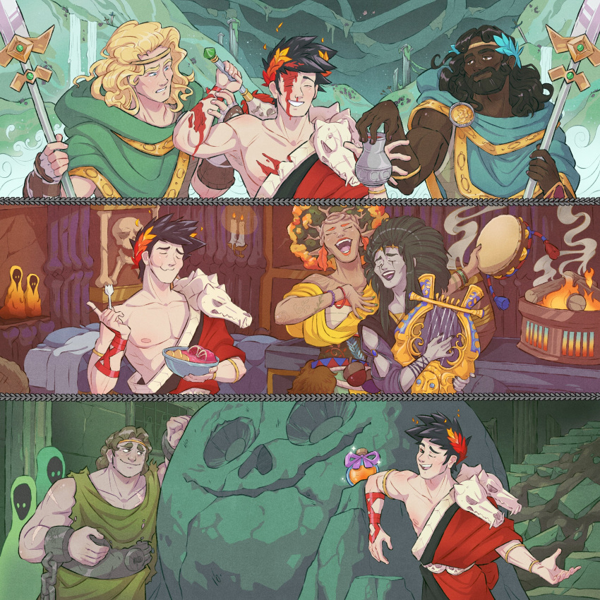 1girl, 5boys, absurdres, achilles_(hades), beard, black_hair, black_sclera, blonde_hair