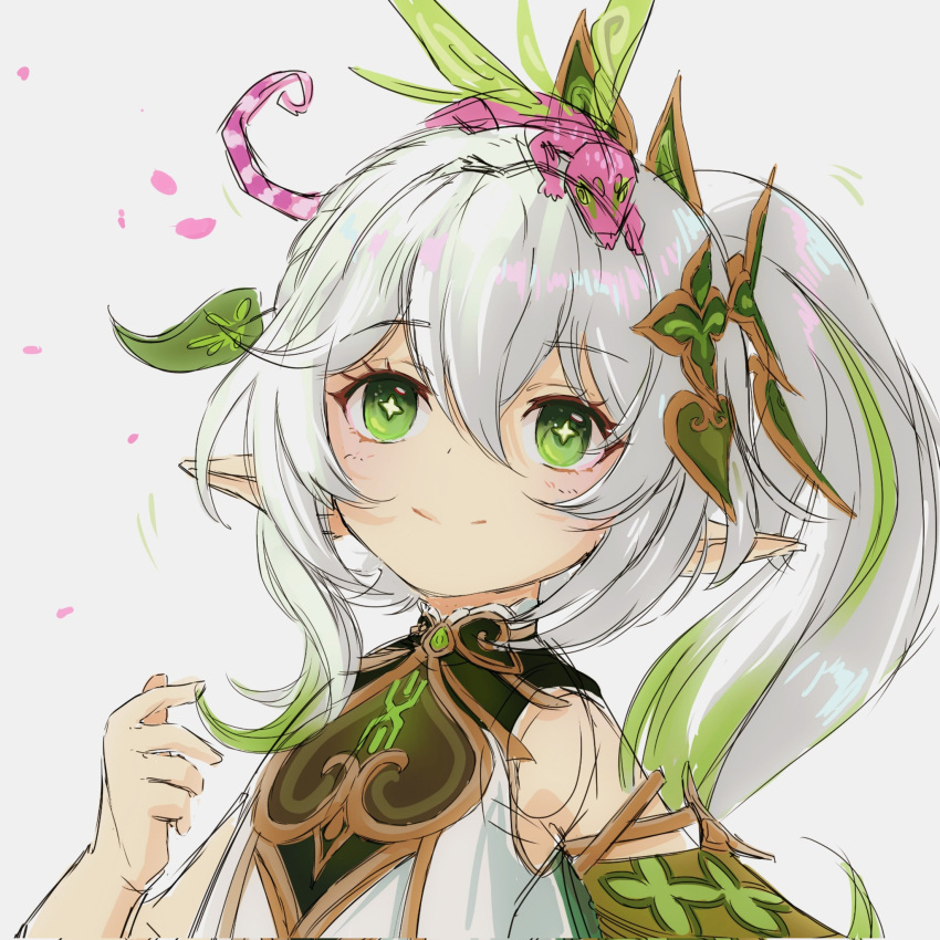 1girl, animal_on_head, bangs, cape, commentary, dress, english_commentary, female_child, genshin_impact, gradient_hair, green_cape, green_eyes, green_hair, highres, kusanali_(genshin_impact), lizard, long_hair, multicolored_hair, on_head, pointy_ears, roninewt, shoulder_cape, side_ponytail, sketch, smile, solo, symbol-shaped_pupils, white_background, white_dress, white_hair
