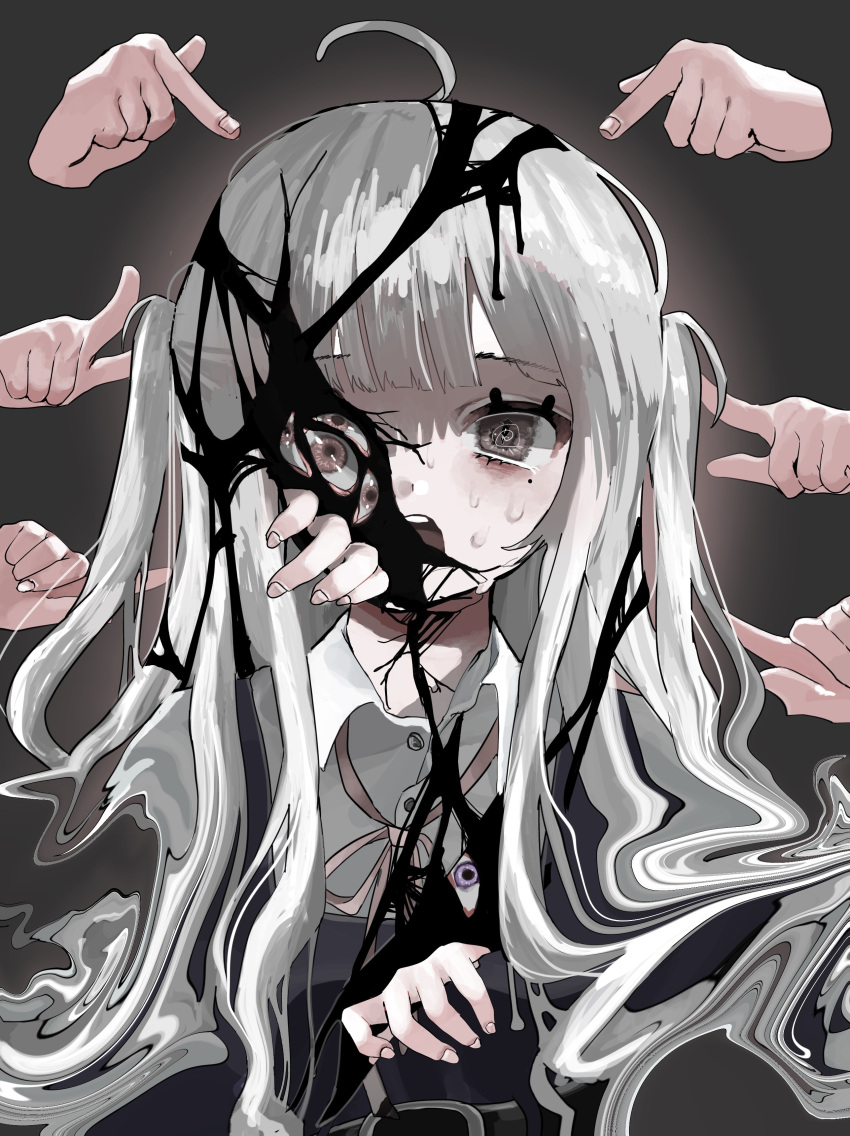 1girl, :o, @_@, absurdres, ahoge, bangs, blunt_bangs, brown_eyes