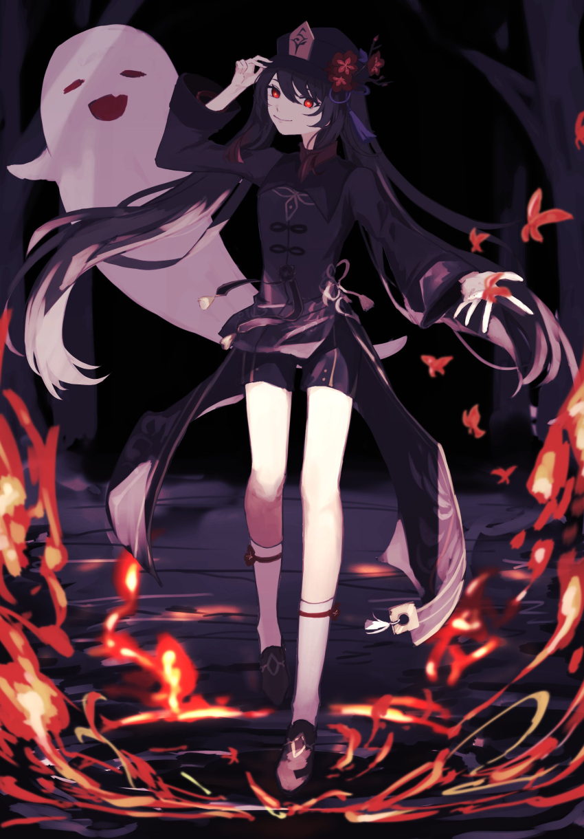 1girl, absurdres, ama_tsuno, black_shorts, brown_hair, coat, coattails, fire, flower, flower-shaped_pupils, full_body, genshin_impact, ghost, hat, highres, hu_tao_(genshin_impact), looking_at_viewer, plum_blossoms, porkpie_hat, red_eyes, red_shirt, shirt, shorts, simple_background, standing, symbol-shaped_pupils, thighs, twintails