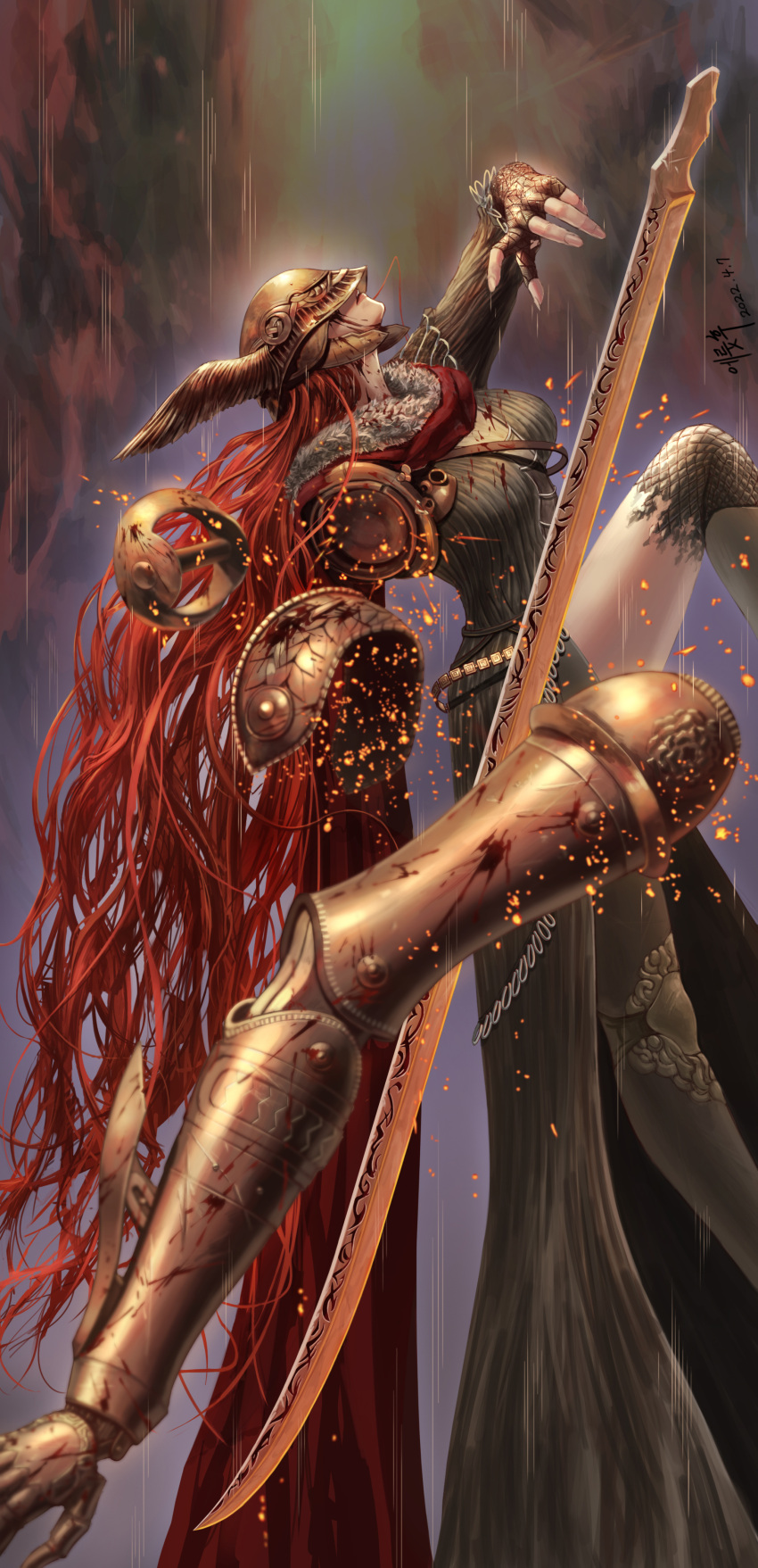 1girl, absurdres, armor, breasts, cape, closed_mouth, covered_eyes, disarming