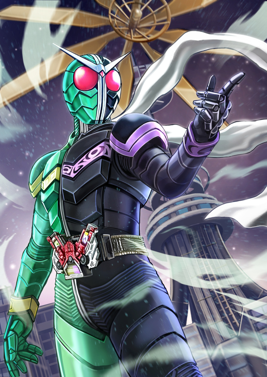 1boy, building, city, double_driver, highres, kakato, kamen_rider, kamen_rider_double