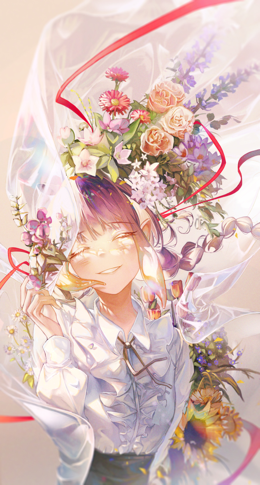 1girl, absurdres, bangs, black_ribbon, blue_flower, blush, braid, braided_ponytail, center_frills, closed_eyes, collared_shirt, facing_viewer, floating_hair, flower, frills, grin, highres, hololive, long_hair, long_sleeves, mole, mole_under_eye, neck_ribbon, ninomae_ina'nis, orange_flower, pink_flower, purple_hair, red_flower, reinene, ribbon, shirt, sidelocks, smile, solo, sunflower, upper_body, virtual_youtuber, white_shirt, yellow_flower