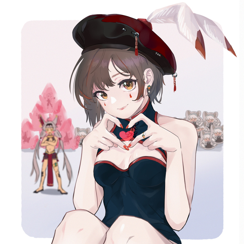 artist_name, bare_shoulders, black_dress, border, breasts, brown_hair, close-up, dress, facial_tattoo, guardian_tales, hat, heart, heart_hands, highres, ice_witch_lupina, looking_at_viewer, medium_breasts, medium_hair, scrivener_lahn, sheepsheep1990, sleeveless, smile, solo_focus, tattoo, yellow_eyes