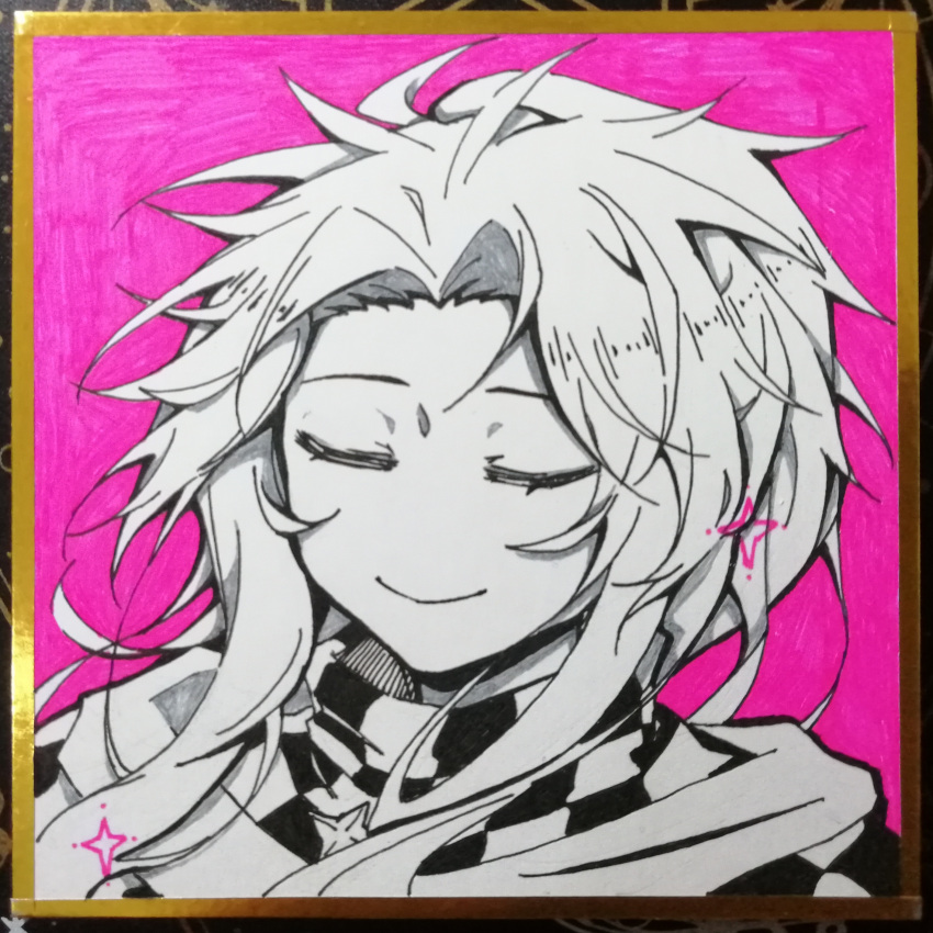 1boy, absurdres, checkered_clothes, closed_eyes, closed_mouth, eyebrows_behind_hair, hatsutori_hajime, highres, long_hair, male_focus, no_nose, panyang, partially_colored, pink_background, portrait, saibou_shinkyoku, scarf, smile, solo, sweater, traditional_media, turtleneck, turtleneck_sweater, upper_body