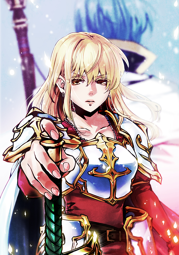 1boy, 1girl, armor, back-to-back, bangs, belt, blonde_hair, blue_hair