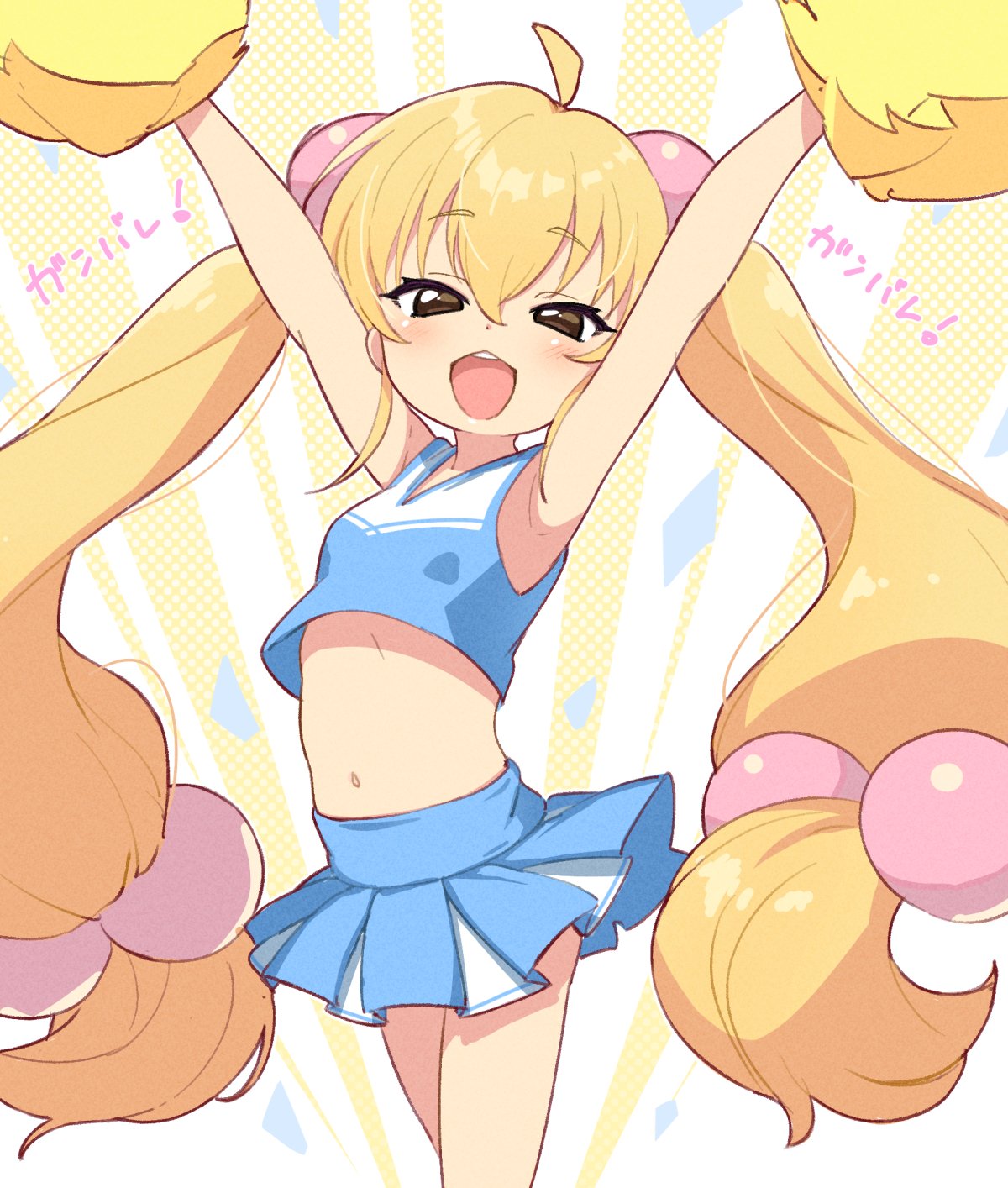 1girl, ahoge, armpits, arms_up, bangs, blonde_hair, blue_shirt, blue_skirt, blush, brown_eyes, cheerleader, child, commentary_request, confetti, dot_nose, flat_chest, hair_bobbles, hair_ornament, half-closed_eyes, highres, jigatei_(omijin), kodomo_no_jikan, kokonoe_rin, long_hair, looking_at_viewer, navel, open_mouth, polka_dot, polka_dot_background, pom_pom_(cheerleading), shirt, skirt, sleeveless, sleeveless_shirt, solo, stomach, teeth, thighs, translation_request, twintails, upper_teeth, very_long_hair, yellow_background