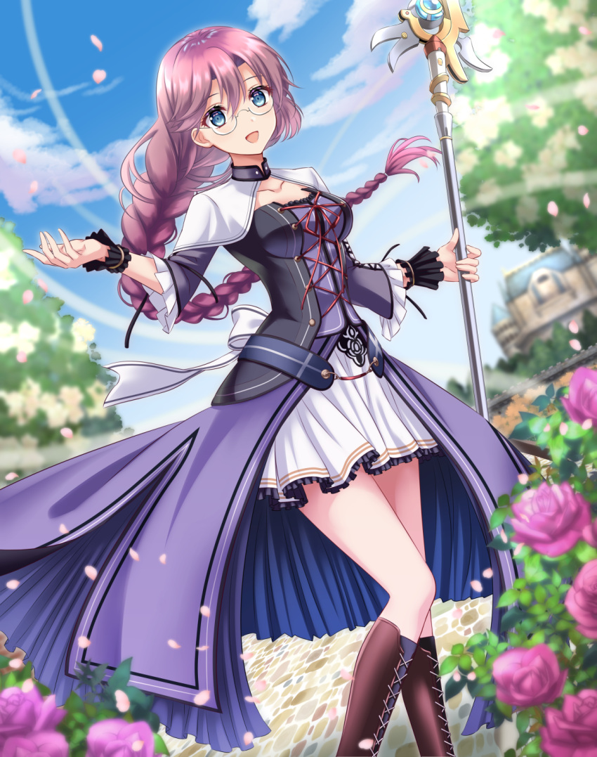 1girl, :d, blue_eyes, blurry, blurry_foreground, boots, braid, braided_ponytail