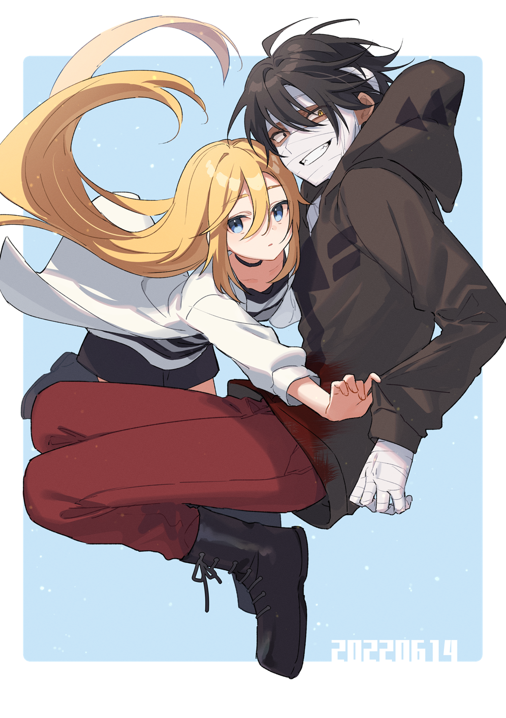 1boy, 1girl, bandage_on_face, bandaged_hand, bandages, bangs, black_choker, black_footwear