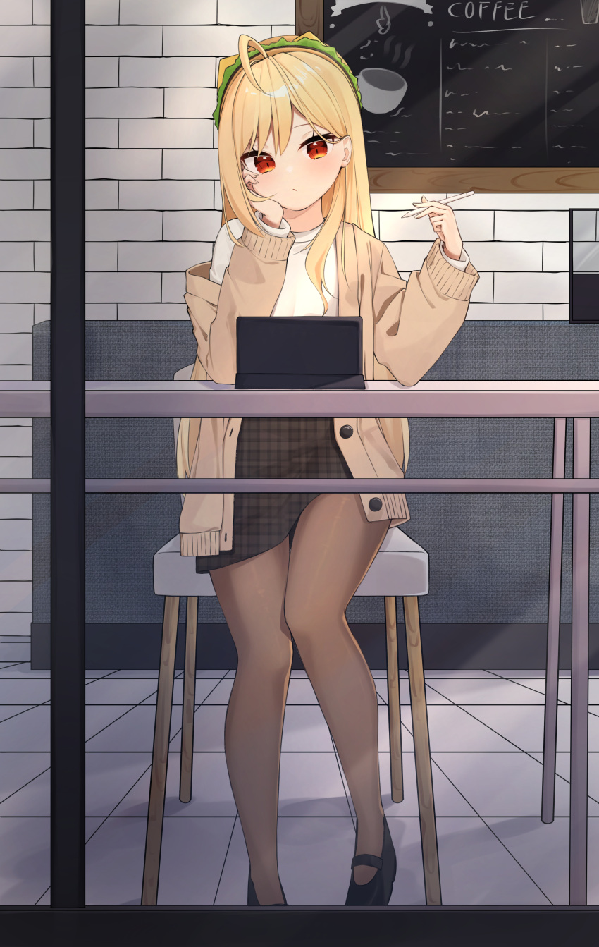 1girl, absurdres, ahoge, black_footwear, black_skirt, blonde_hair, brown_coat, brown_legwear