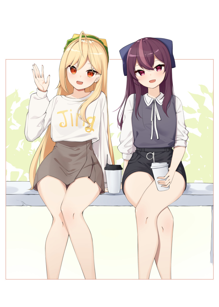2girls, :d, absurdres, ahoge, bare_legs, black_shorts, blonde_hair, bow, brown_skirt, crossed_legs, cup, disposable_cup, grey_shirt, hair_bow, hamburger_hat, hand_up, hat, high-waist_skirt, highres, jingburger, jururu, long_hair, long_sleeves, looking_at_viewer, multiple_girls, open_mouth, purple_hair, red_eyes, shirt, short_shorts, shorts, sitting, skirt, smile, thighs, violet_eyes, virtual_youtuber, waktaverse, white_shirt, ziro_(zirorong)