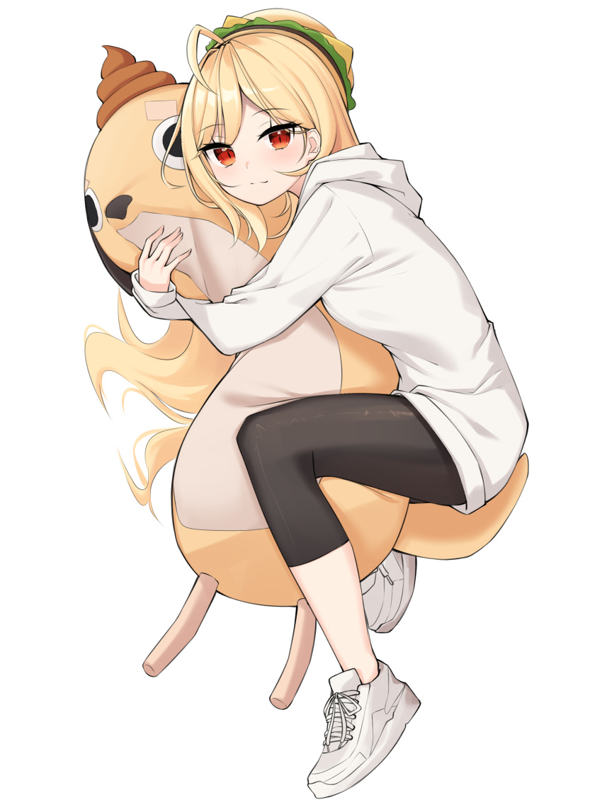 1girl, absurdres, ahoge, black_pants, blonde_hair, doll_hug, full_body, hamburger_hat