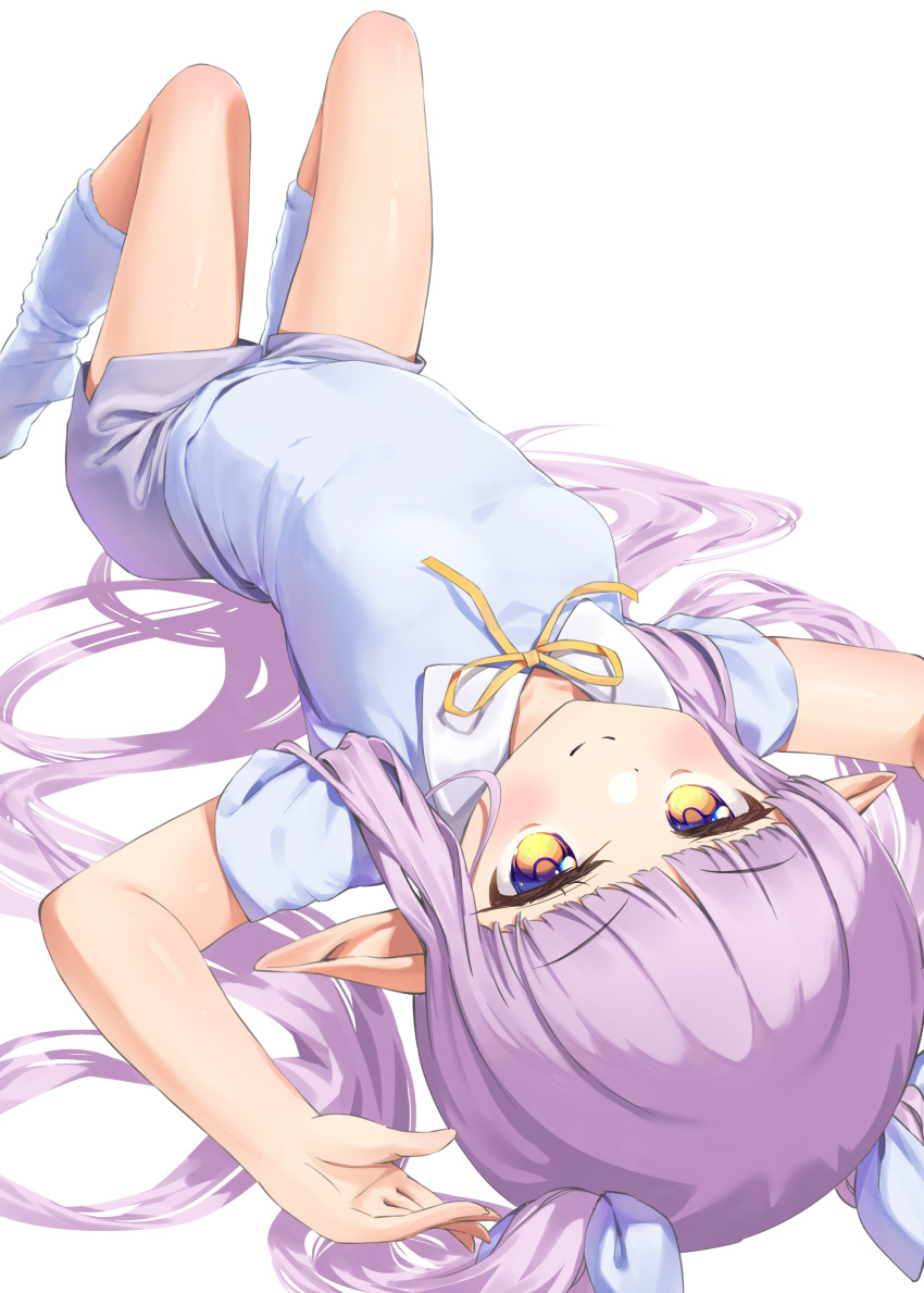 1girl, absurdres, arms_up, blue_shirt, blue_shorts, brown_eyes, elf, highres