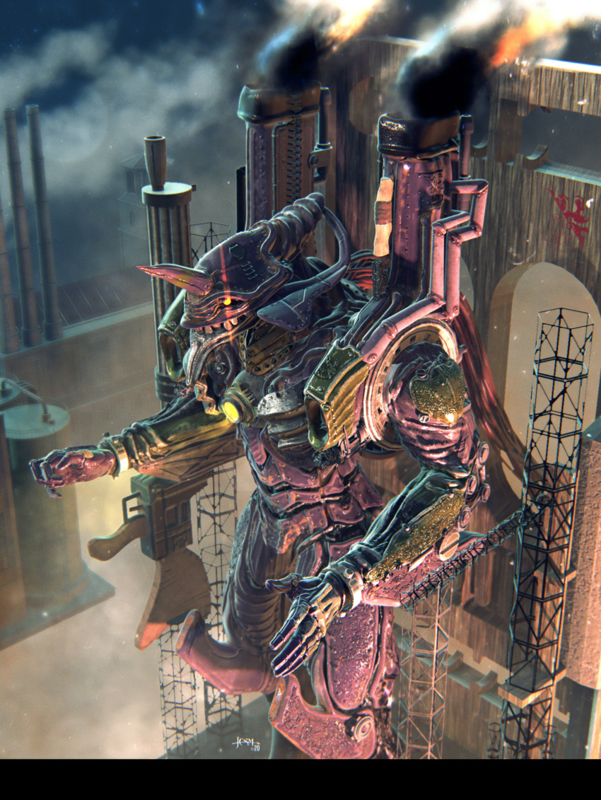 2020, damaged, dated, dieselpunk, dirty, english_commentary, eva_01, fangs, glowing, glowing_eye, gun, highres, ivanuss, lens_flare, machine_gun, mecha, monster, neon_genesis_evangelion, nerv, realistic, redesign, robot, science_fiction, signature, smoke, steam, steampunk, weapon, yellow_eyes, zbrush_(medium)