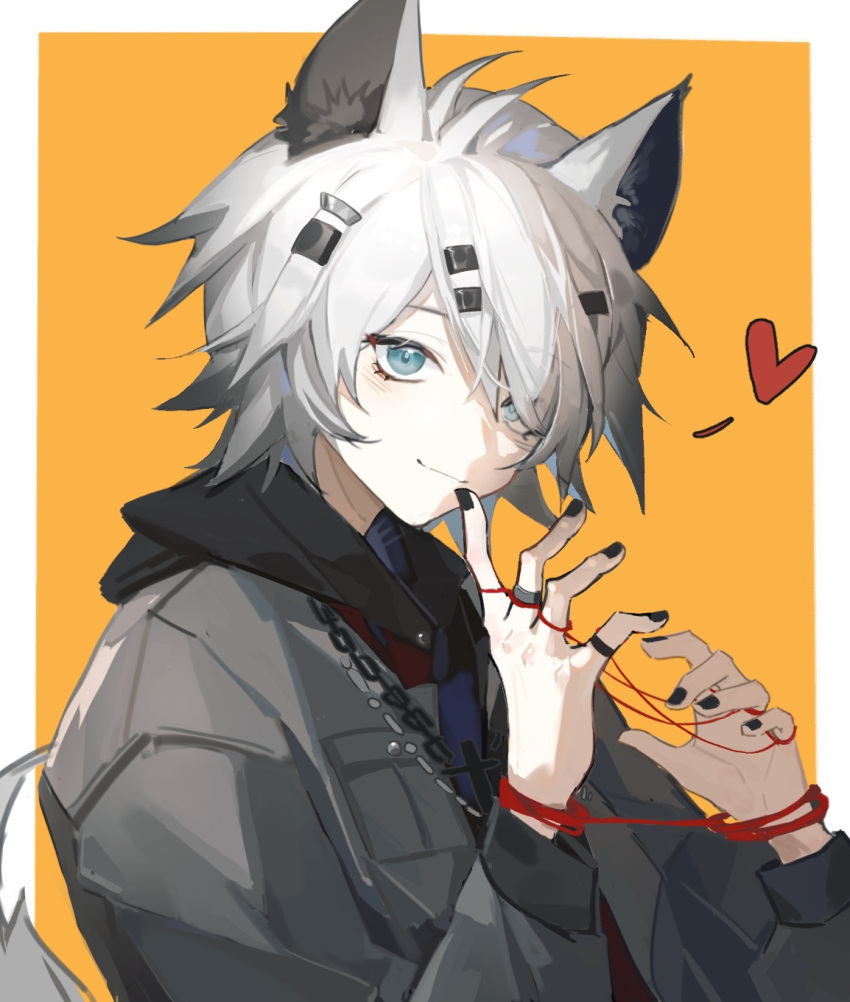 1girl, alternate_hair_length, alternate_hairstyle, ambience_synesthesia, animal_ears, antenna_hair, arknights, black_jacket, black_nails, blue_eyes, border, chinese_commentary, commentary, cross, cross_necklace, hair_ornament, hair_over_one_eye, hairclip, hands_up, heart, highres, hood, hood_down, hooded_jacket, jacket, jewelry, lappland_(ambience_synesthesia)_(arknights), lappland_(arknights), necklace, official_alternate_costume, orange_background, red_ribbon, ribbon, short_hair, simple_background, smile, solo, tail, upper_body, white_border, wolf_ears, wolf_girl, wolf_tail, ziliang_inori