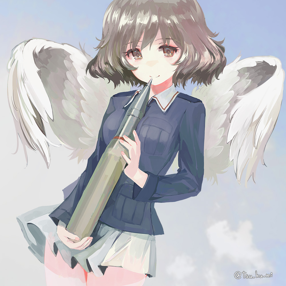 1girl, akiyama_yukari, angel, angel_wings, artist_name, bangs, blue_jacket, bob_cut